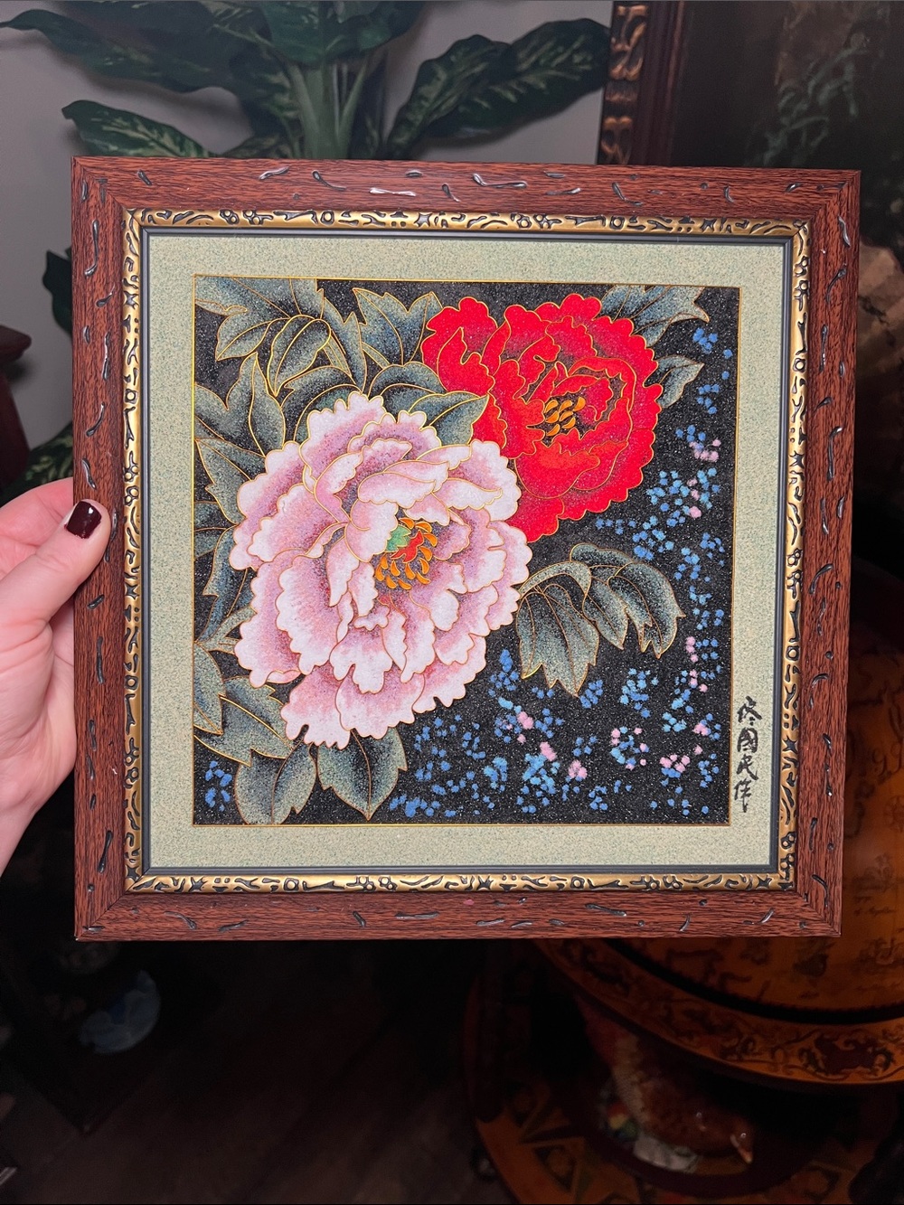 RARE Vintage Asian Cloisonné Gold Enamel Peony Floral Sand Art Framed Wall Art